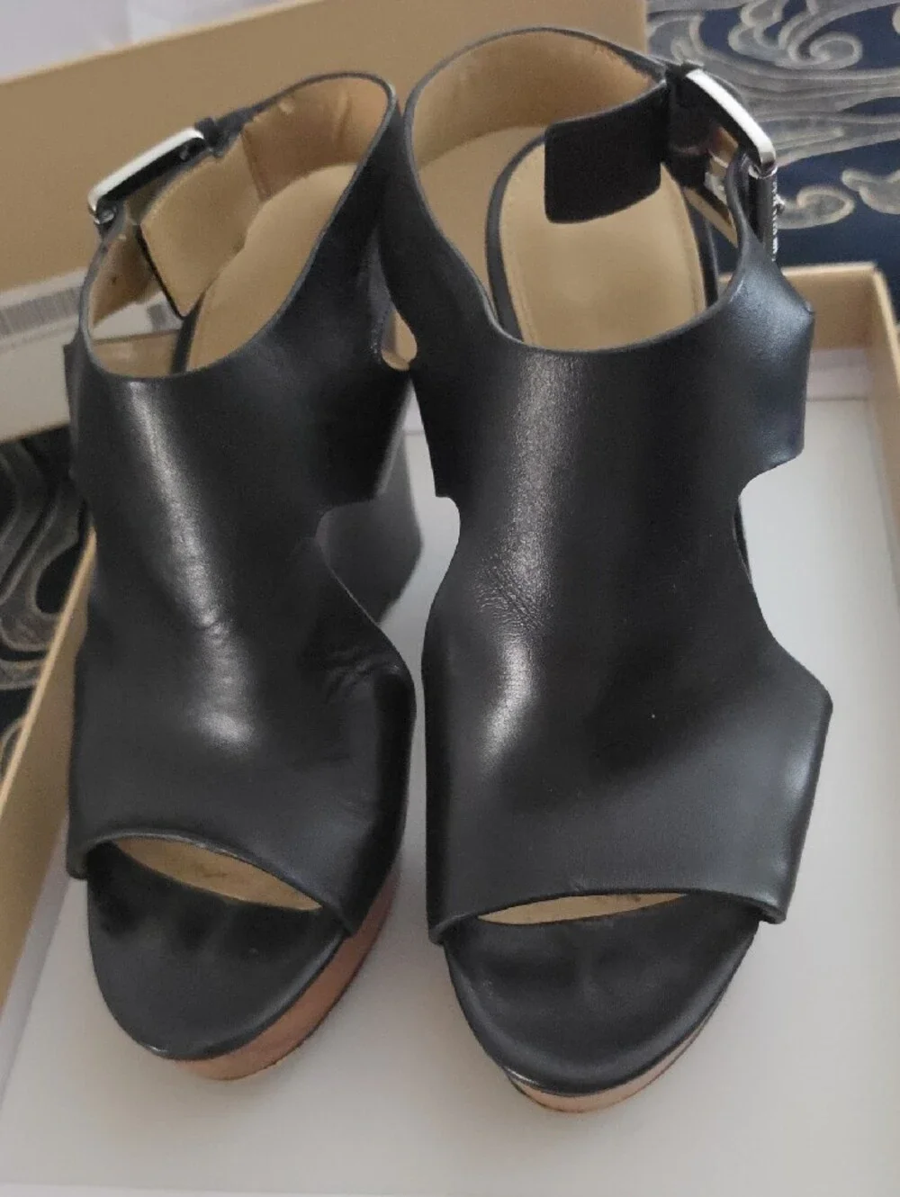 Michael Kors Black Leather Slingback Wedge Sandals with Wood-Trim Platform